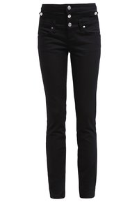 Jean skinny noir taille haute avec trois boutons argentés, poches devant et derrière, et détails rivets argentés sur fond blanc.