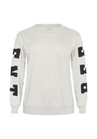 Sudor de culoare gri deschis, cu mânecă lungă, cu modele geometrice negre sub formă de blocuri care se află pe ambele mâneci, de tip crew neck și cu manșete ribbate.