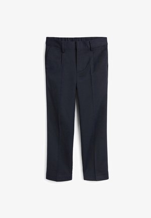 Pantaloni blu navy con una texture liscia, caratterizzati da una parte frontale con pieghe, vita standard e tasche laterali, progettati per una vestibilità su misura.