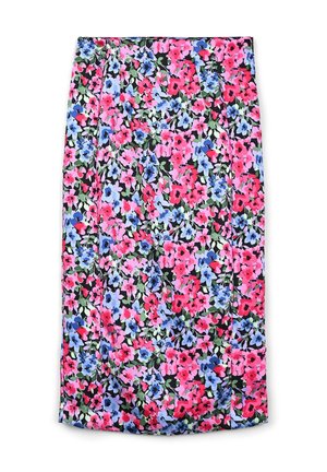 Blumiger Rock mit schwarzem Hintergrund, der lebhafte pinke, blaue und grüne Blumen zeigt. Der Stoff ist leicht und mit einem gefalteten Design.