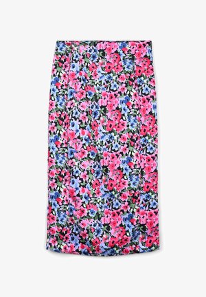 Blumiger Rock mit schwarzem Hintergrund, der lebhafte pinke, blaue und grüne Blumen zeigt. Der Stoff ist leicht und mit einem gefalteten Design.