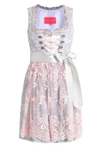 Abito grigio chiaro con sovrapposizione di pizzo rosa, motivi floreali e un fiocco di raso in vita. Presenta una scollatura quadrata e ganci metallici decorativi.