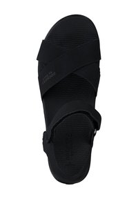 Black sandals with a textured footbed, featuring wide cross straps and adjustable side buckle. Size marked as 38 EUR.