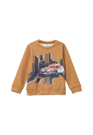 Brauner Pullover mit langen Ärmeln, der ein Grafikmotiv eines Polizeiwagens und einer Stadtlandschaft zeigt. Rippstrickbündchen und Saum, weiches Material.