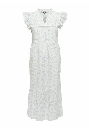 Valkoinen midi-mekko, jossa pieni sinivihreä kukkakuosi, liehutushihat, avainreikäkaulus ja laskostetut hameen kappaleet.