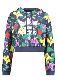 Hoodie accorciato di colore blu scuro con un motivo floreale che presenta fiori rossi, rosa e gialli; logo Adidas bianco sul davanti; cappuccio con cordino.