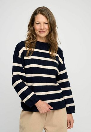 Navy and cream striped sweater with a ribbed texture, round neckline, and relaxed fit. Long sleeves with slight drop shoulders.