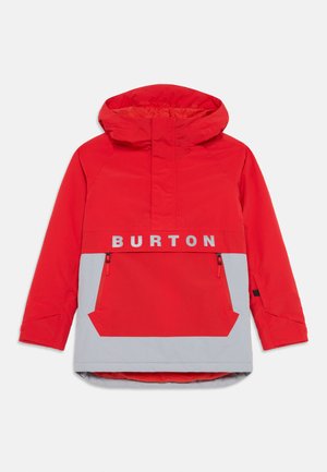 Červená a šedá bunda s kapucí, stahovací šňůrkou, předními zipovými kapsami a výrazným logem "BURTON" na hrudi. Voděodolný materiál, volný střih.