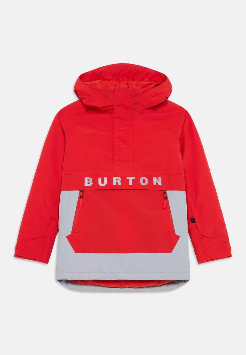 Röd och grå, huva-jacka med dragsko, framfickor med dragkedja och en framträdande "BURTON"-logotyp över bröstet. Vattentätt material, avslappnad passform.