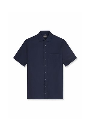 Camicia blu navy a maniche corte, con bottoni, colletto e taschino sul petto, stesa su sfondo bianco.
