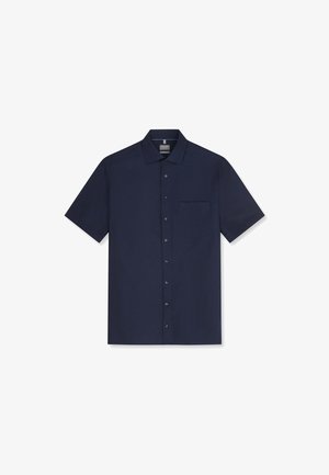 Chemise bleu marine à manches courtes, boutonnée, avec col et poche poitrine avant, étalée à plat sur fond blanc.