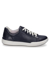 Marineblaue Ledersneaker mit einem schlichten Design, weißen Schnürsenkeln und einer strukturierten Gummisohle. Verfügt über eine abgerundete Zehenpartie und glatte Oberpanelen.