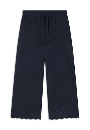 Pantaloni a gamba larga blu navy con vita elastica, cordoncino e orlo ondulato con dettagli a fiori ritagliati.