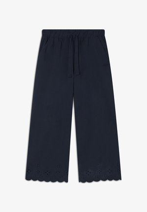 Pantaloni a gamba larga blu navy con vita elastica, cordoncino e orlo ondulato con dettagli a fiori ritagliati.