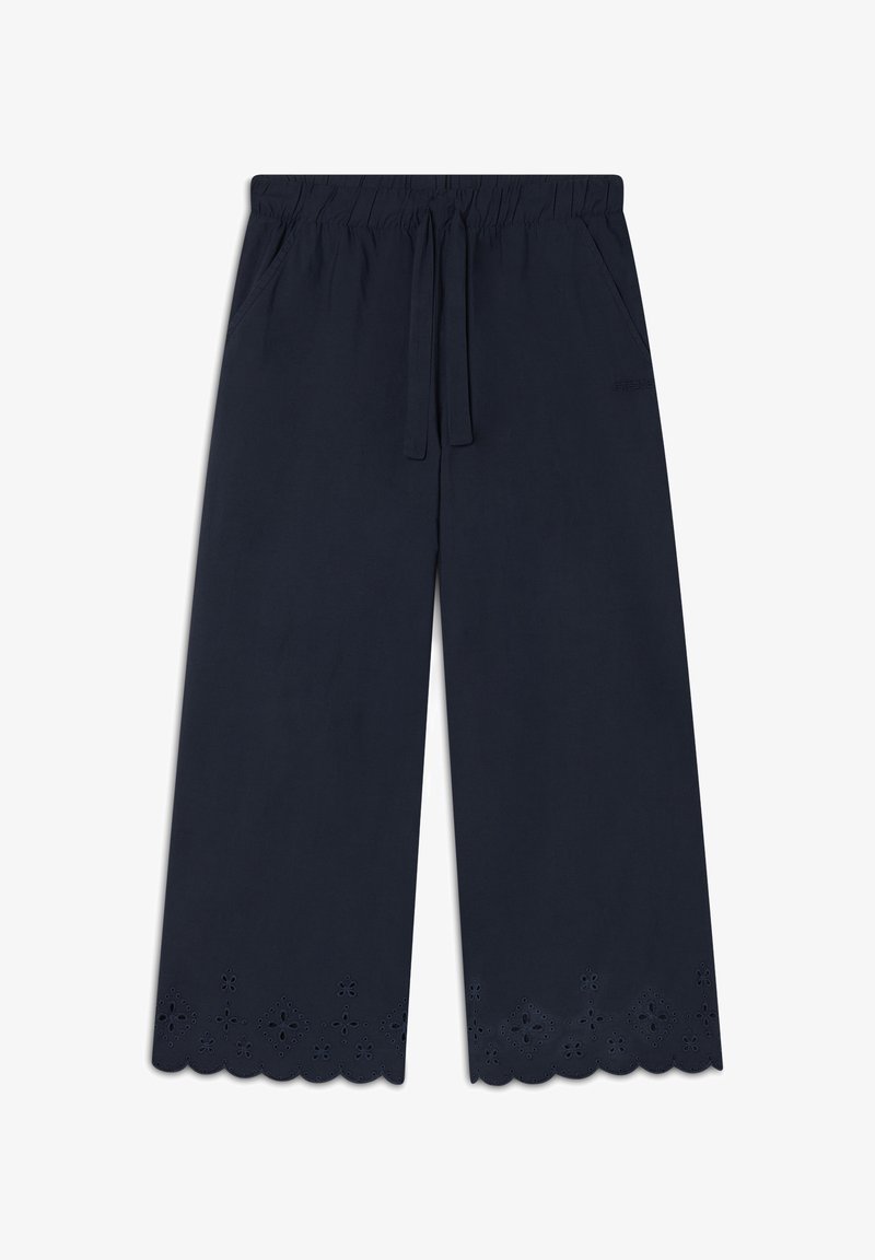 Pantaloni a gamba larga blu navy con vita elastica, cordoncino e orlo ondulato con dettagli a fiori ritagliati.