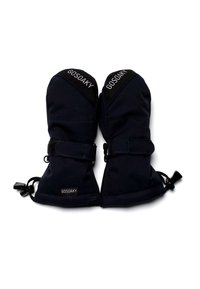 Marineblaue wasserdichte Fäustlinge mit Zugkordel, Velcro-Riemen und Logodetail. Weiches, isoliertes Material für Wärme. Doppellagiges Design.