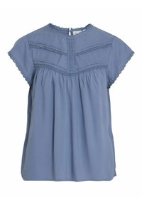 Blusa azzurro chiaro a maniche corte con delicati dettagli in pizzo sul collo e sul busto, caratterizzata da una vestibilità ampia e una texture arricciata.