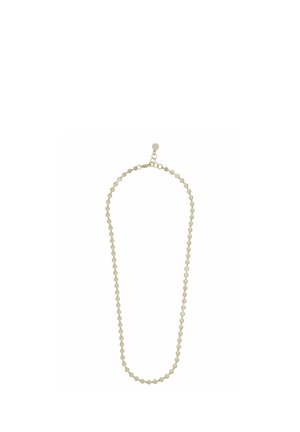 Necklace with small round pearls strung together, featuring a gold-tone adjustable clasp and extension chain at the top.
