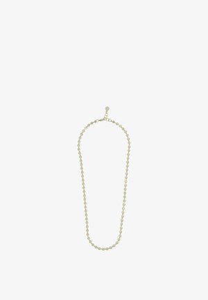 Necklace with small round pearls strung together, featuring a gold-tone adjustable clasp and extension chain at the top.