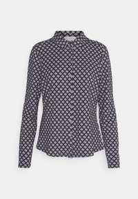 Navy button-up shirt featuring a geometric white pattern, collar, long sleeves, and a straight hem. Made from lightweight fabric.