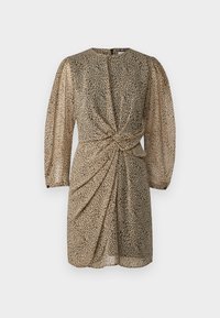 Šaty s leopardím vzorom z priesvitnej látky, s vysokým výstrihom, dlhými nariasenými rukávmi a so z twisted detailom vpredu, doplnené volánovou sukňou.