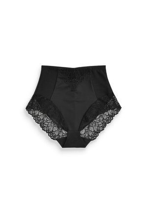 Bragas negras de cintura alta con un borde de encaje transparente, cuerpo de microfibra suave y detalle de encaje floral en la parte frontal.
