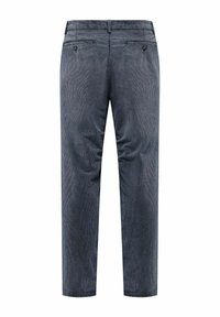 Donkerblauwe corduroy broek met een verticale ribbelstructuur, rechte pasvorm en twee achterzakken met knoopsluitingen.