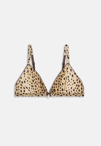 Leoparda raksta trīsstūra bikini tops bēšā un brūnā krāsā. Ir regulējami siksniņas un frēzēts apmale gar malām. Izmēra informācija nav redzama.