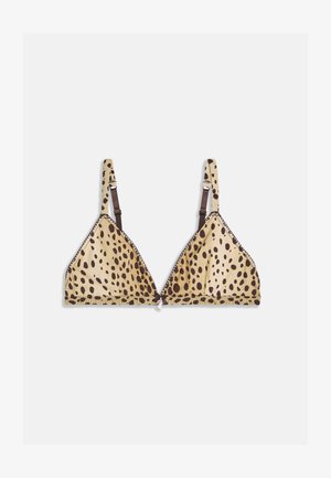 Leopardprint triangle bikinitop in beige en bruin. Voorzien van verstelbare bandjes en een gerimpelde rand langs de randen. Afmetingen zijn niet zichtbaar.