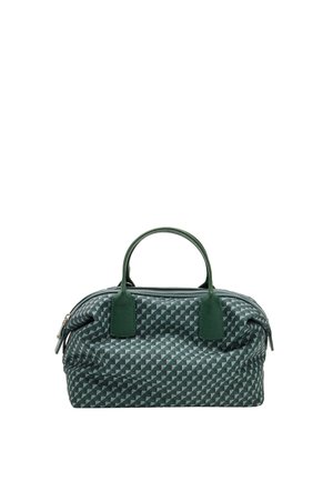 Zielona torba o geometrycznym wzorze w zaokrąglonym kształcie, z dwoma uchwytami na górze i zapięciem na zamek. Materiał wydaje się być trwały, z teksturowanymi akcentami.