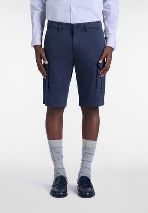 Uomo che indossa pantaloncini cargo blu navy, camicia a righe azzurre e bianche con bottoni, calzini grigio chiaro e mocassini blu scuro, in piedi contro uno sfondo bianco.