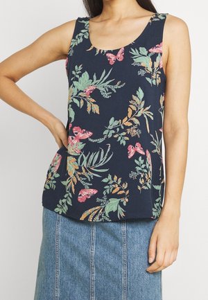 Canottiera blu navy con motivi floreali e farfalle in tonalità di rosa, verde e arancione. Vestibilità rilassata con scollatura a forma di U.