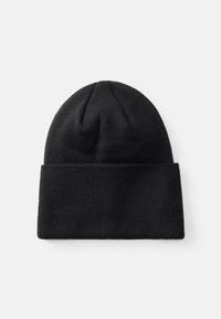 Gorro de lana negro con un dobladillo, que presenta una textura suave y una parte superior redondeada. La tela parece cálida y flexible.