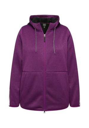 Lila Kapuzenpullover aus strukturiertem Stoff, mit durchgehendem Reißverschluss, großen Fronttaschen und Kordelzugkapuze. Reflektierende Akzente an den Ärmeln.