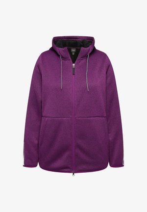Lila Kapuzenpullover aus strukturiertem Stoff, mit durchgehendem Reißverschluss, großen Fronttaschen und Kordelzugkapuze. Reflektierende Akzente an den Ärmeln.