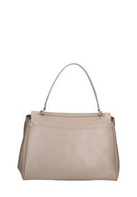 Borsa a mano in pelle beige con forma strutturata, manico superiore singolo e dettagli in metallo color oro. Texture liscia e design minimalista.