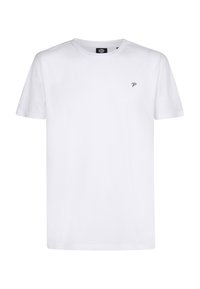 Bílý bavlněný tričko s krátkými rukávy a kulatým výstřihem, na levé hrudi se malým černým logem písmena "P". Hladká textura, minimalistický design.