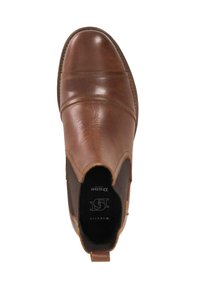 Bottine en cuir marron avec des panneaux latéraux élastiques, bout rond et coutures décoratives. Accents texturés marron sur les bords.