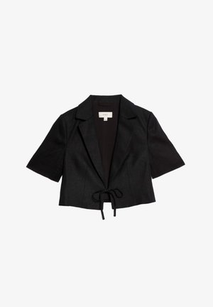 Blazer noir court avec col, manches courtes et fermeture à l'avant par un lien. Fabriqué en tissu structuré avec une texture lisse et un minimum de détails.