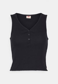 Black sleeveless tank top with a V-neck, featuring a ribbed texture and three front buttons. Hem has a slight wave pattern.