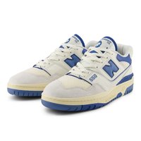 New Balance 550 sneakers feature a white leather upper with blue accents, textured mesh sections, and a light yellow midsole.
