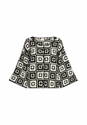 Schwarz-weiß gemusterte Bluse mit weiten Glockenärmeln, die ein geometrisches Design aus Quadraten und Rauten zeigt. Saum gerade und klar.