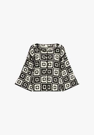 Black and white patterned top with wide bell sleeves, featuring a geometric design of squares and diamonds. Clean, straight hem.
