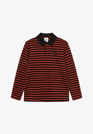 Long-sleeve polo shirt with a black base and horizontal red stripes. Features a black collar and a small embroidered logo on the chest.