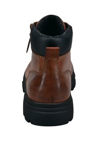 Braune Lederstiefel mit runder Zehenform, strukturiertem Obermaterial, gepolstertem schwarzen Kragen und robuster Gummisohle. Easy-On-Schlaufe an der Rückseite für einfaches Anziehen.