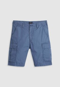 Blue men's cargo shorts with side flap pockets, front button and zipper closure, and belt loops, displayed flat on a white background.