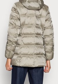 Giacca invernale imbottita di un beige chiaro con cappuccio. Presenta un design a logo orizzontale e polsini elasticizzati. Il materiale ha una finitura lucida.