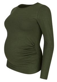 Langärmliges Umstandsshirt in Olivgrün, aus weichem Material mit seitlichen Raffungselementen, ausgestattet mit einem runden Ausschnitt und enganliegenden Ärmeln.