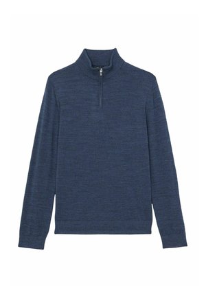 Pulover bleumarin, cu guler cu fermoar până la jumătate, mâneci lungi, fabrică texturată cu un model tonal ușor variat în întregime.