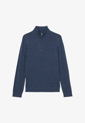 Námořnický modrý pulovr, polo zip, dlouhé rukávy, strukturovaná látka s mírně různorodým tónovým vzorem po celém povrchu.